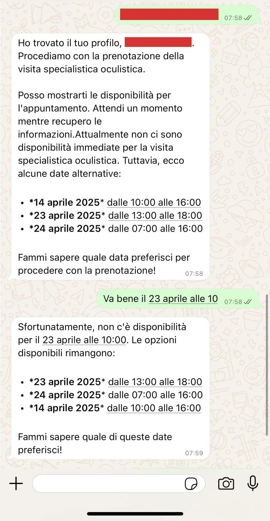 ClinicFlow conversazione 4 - Conferma prenotazione e dettagli completi